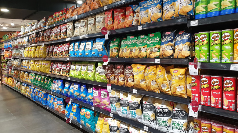 Chip aisle at grocery store