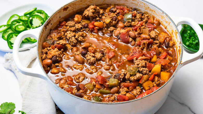 Large Dutch oven with turkey chili