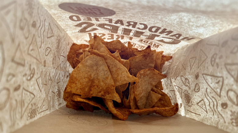 The interior of a bag of Chili Lime chips