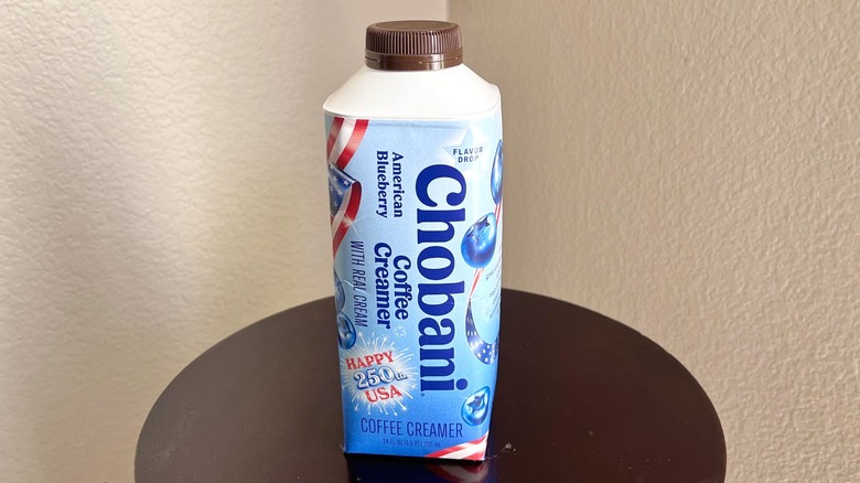 Chobani American Blueberry coffee creamer on a table