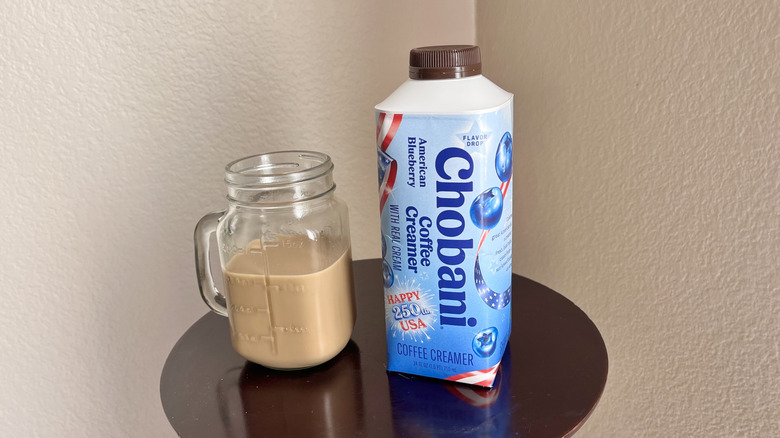 Chobani American Blueberry creamer and coffee on a table