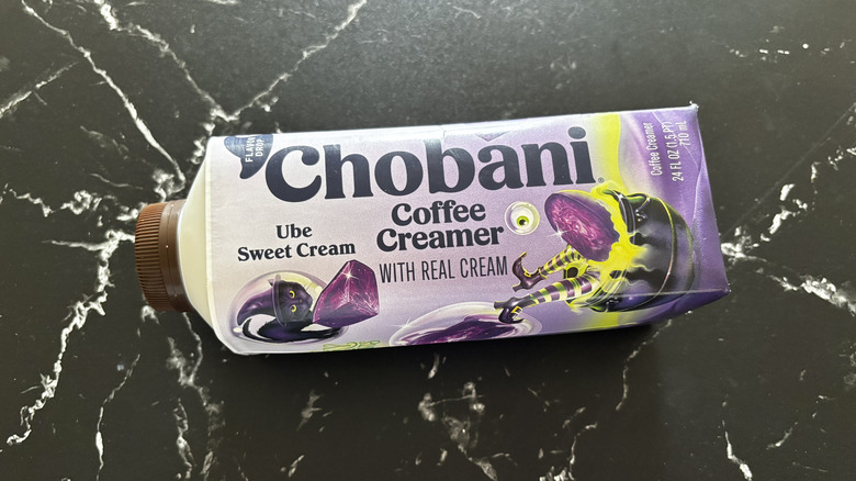 Chobani Ube Sweet Creamer creamer bottle on countertop