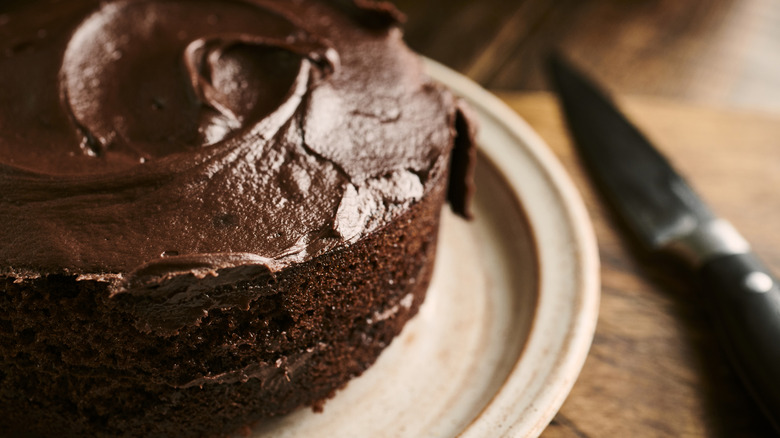 Chocolate cake with chocolate frosting on plate