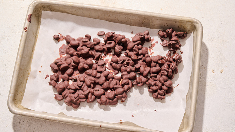 chocolate covered espresso beans on a sheet tray