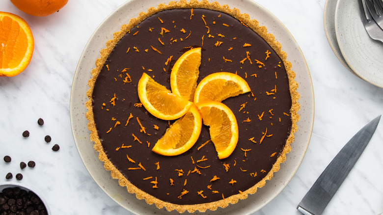 chocolate orange tart on plate