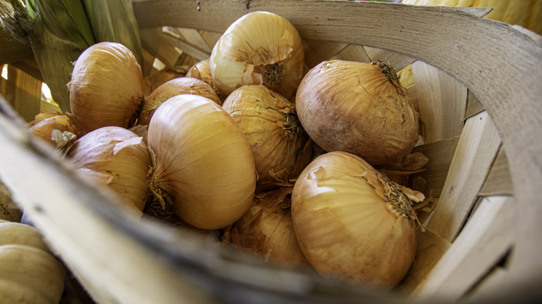 Whole sweet onions in white wooden basket