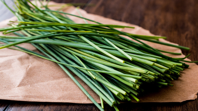 fresh chives on table