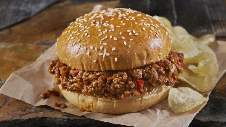 sloppy Joe on plate with chips