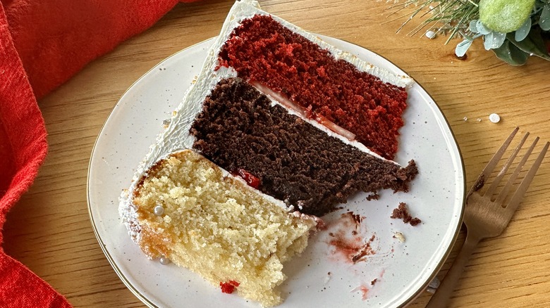 tri-colored Neapolitan cake slice