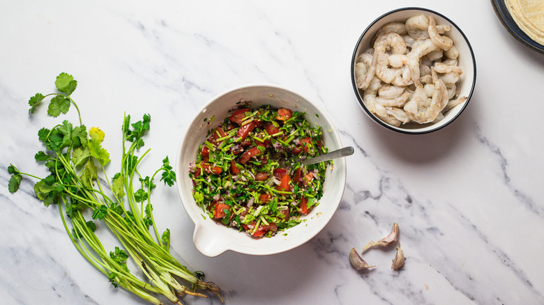 Cilantro lime marinade and raw shrimp.