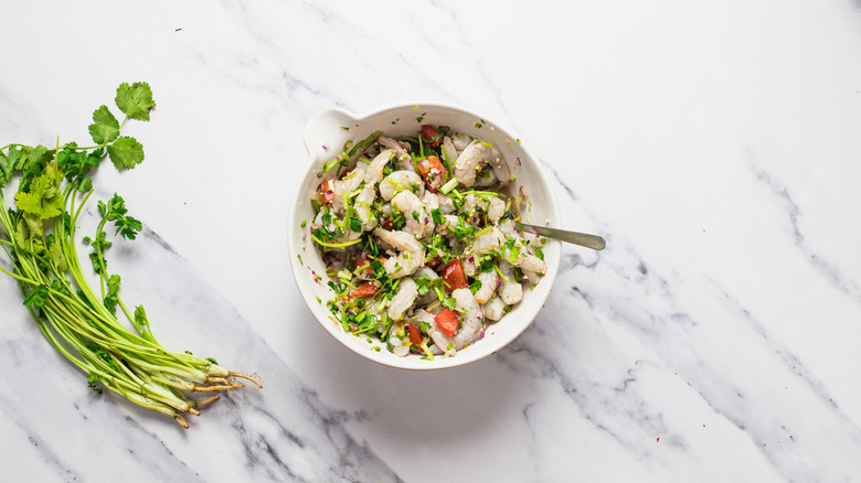Shrimp in cilantro lime marinade.
