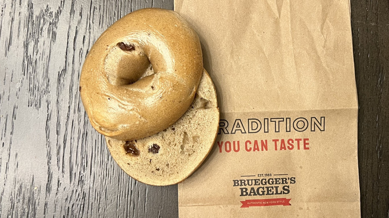 Bruegger's Bagels cinnamon raisin bagel on to-go bag.