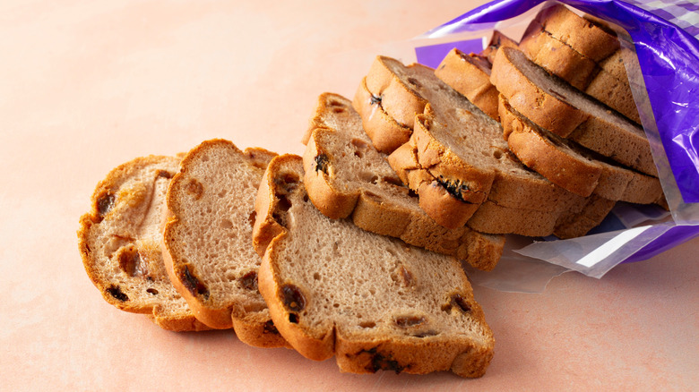 Sliced cinnamon raisin bread in bag