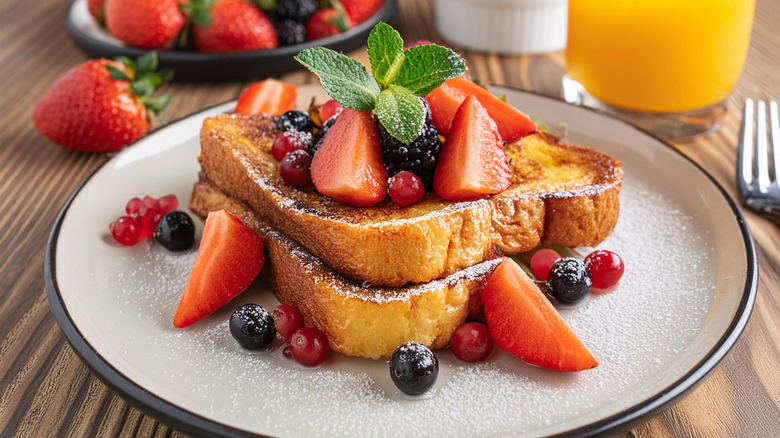 French toast plate with berries and orange juice