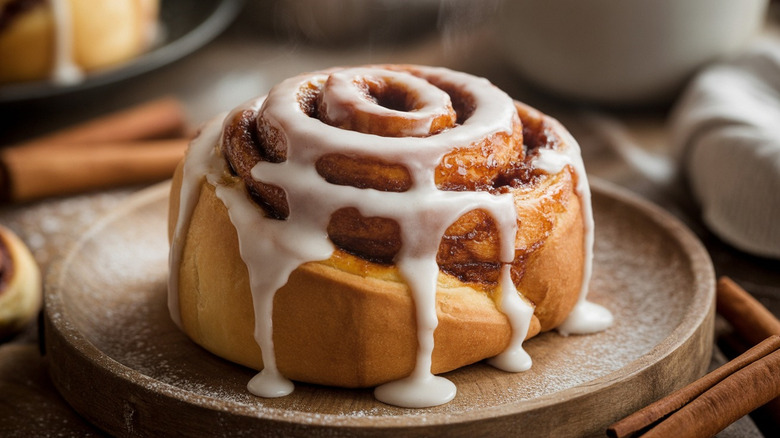 Close-up of a frosted cinnamon roll