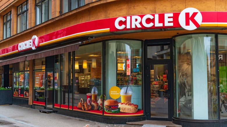 An exterior shot of a Circle K gas station featuring the roof of the gas island
