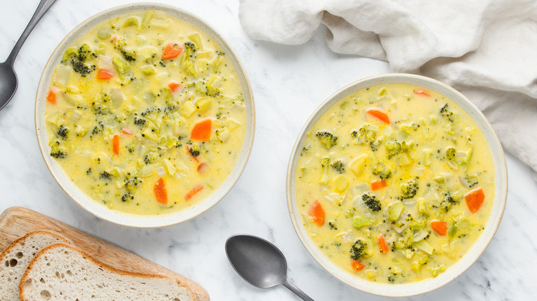 broccoli cheddar soup in bowls