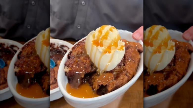 Chocolate cobbler with vanilla ice cream and caramel sauce