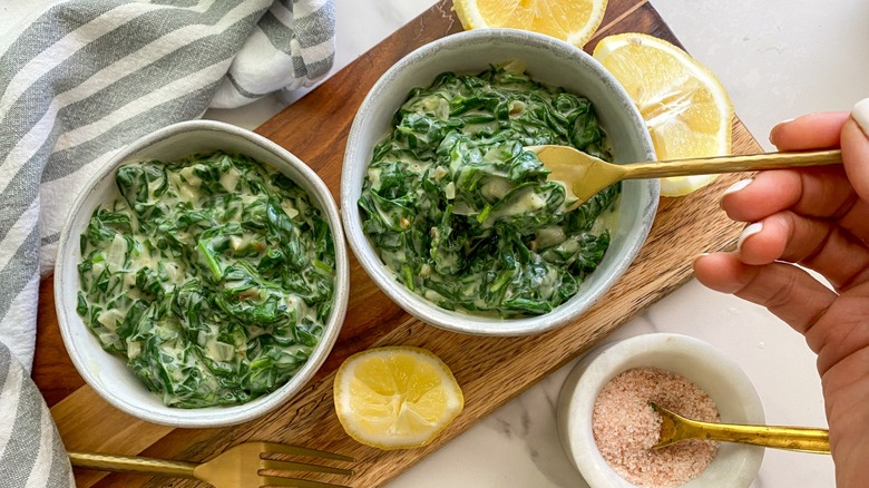 creamed spinach in two bowls