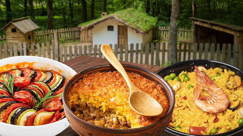 Collage of dishes against grass hut background