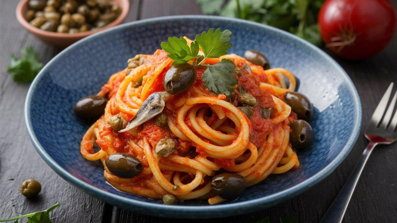 A blue dish of pasta puttanesca