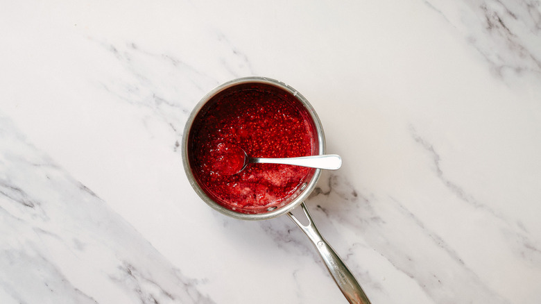 raspberry jam in saucepan
