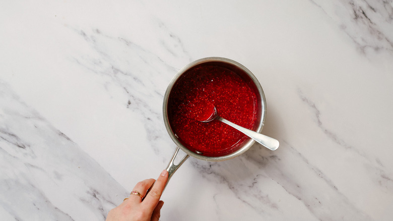 raspberry jam in saucepan