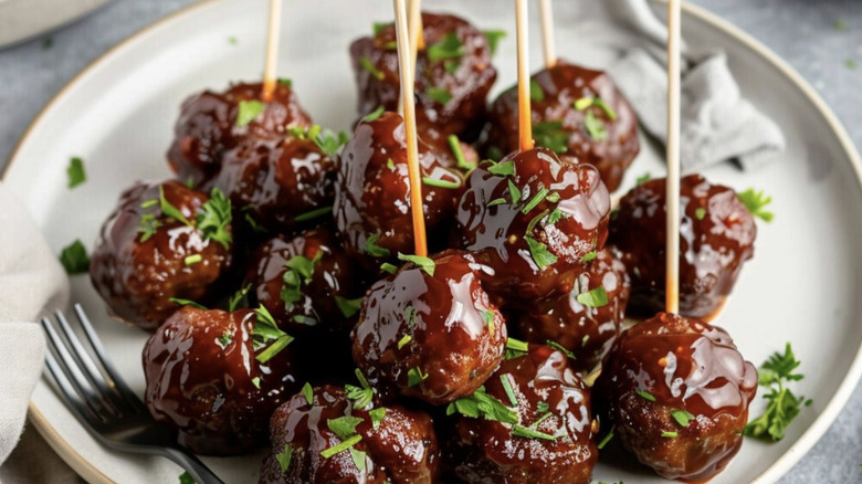 Grape jelly meatballs with toothpicks on plate