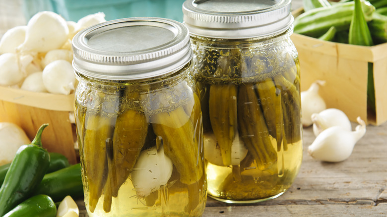 Pickled okra in jars