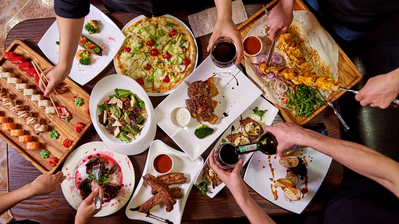 aerial view of table with food and wine