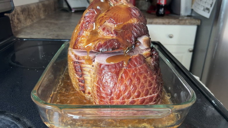 Coca-Cola glazed ham in glass pan
