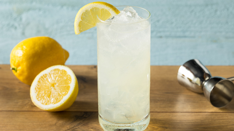 Collins cocktail in a Collins glass with ice and a lemon slice garnish