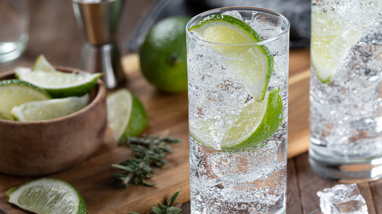 Gin and tonic cocktail in a highball glass with lime wedges and ice