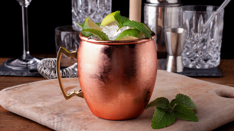 Moscow mule cocktail in a copper mug