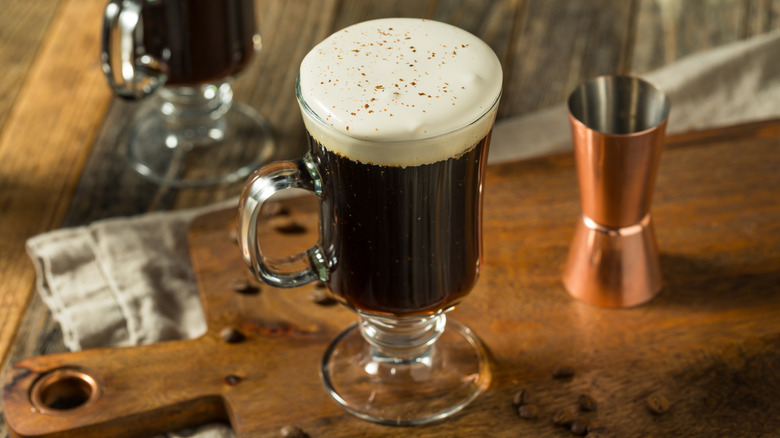 Irish coffee in a tall glass mug