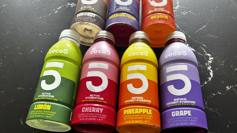 Coco5 coconut water bottles on countertop