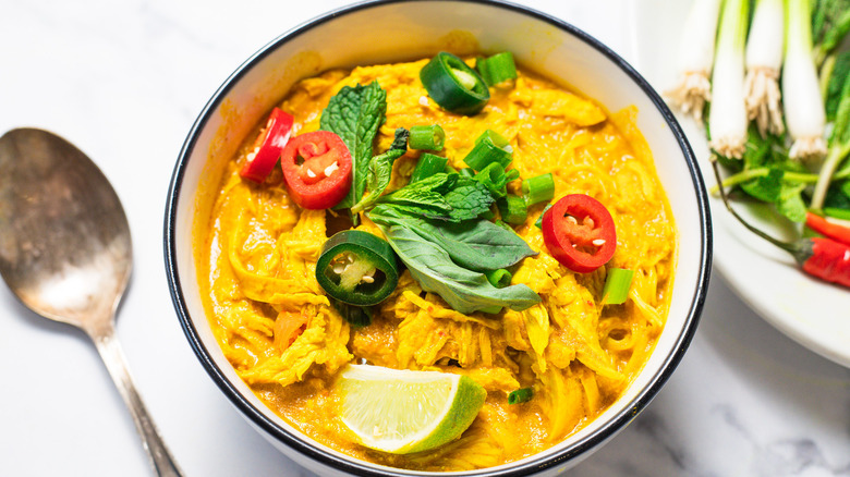 Bowl of coconut curry chicken noodle soup with a spoon.