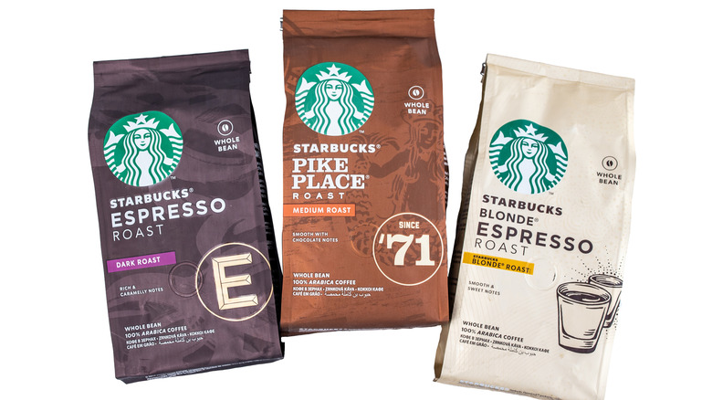 Bags of Starbucks coffee roasts