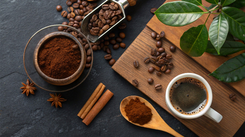 Coffee grounds and beans spread
