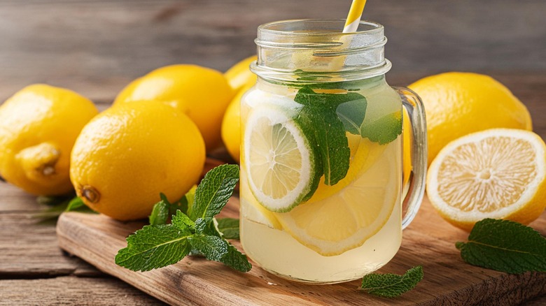 A handled mason jar of lemonade with whole lemons and mint