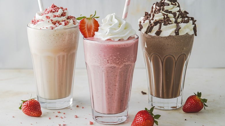 Three different milkshakes with whipped cream and strawberries