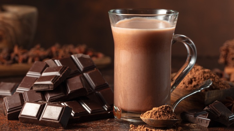 A glass mug of hot cocoa with chocolate pieces