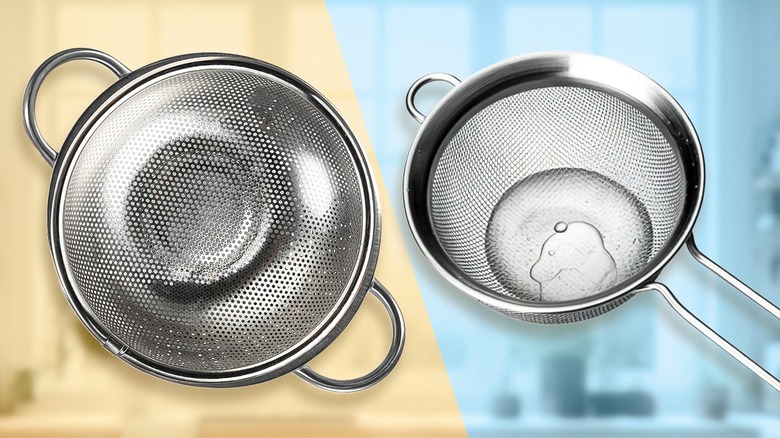 Colander next to a sieve on yellow and blue background