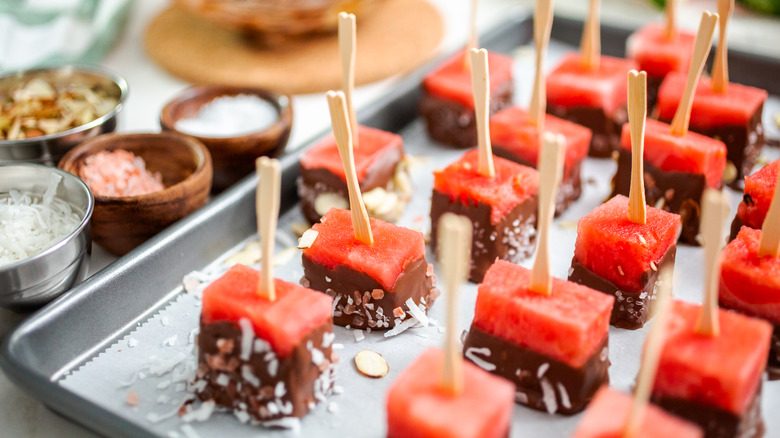 Watermelon chunks with chocolate and sea salt