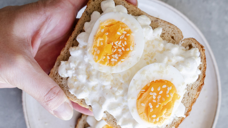 hand holding toast with cottage cheese and boiled eggs