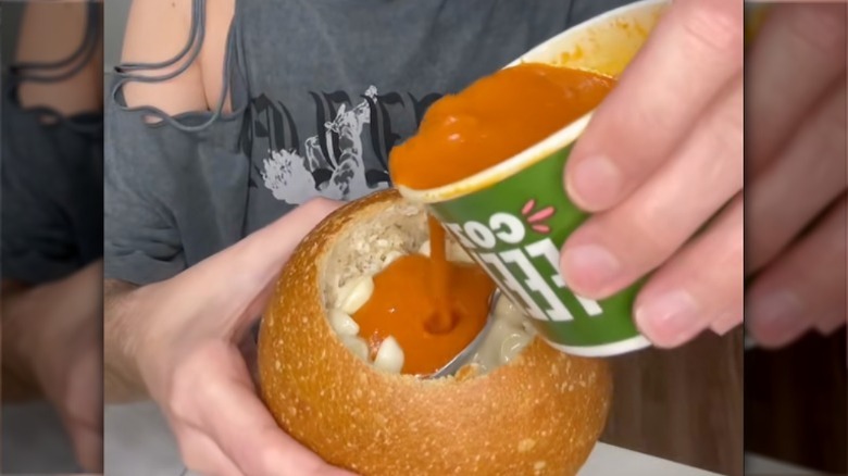 Fan creation of Panera mac and cheese and creamy tomato soup in a bread bowl