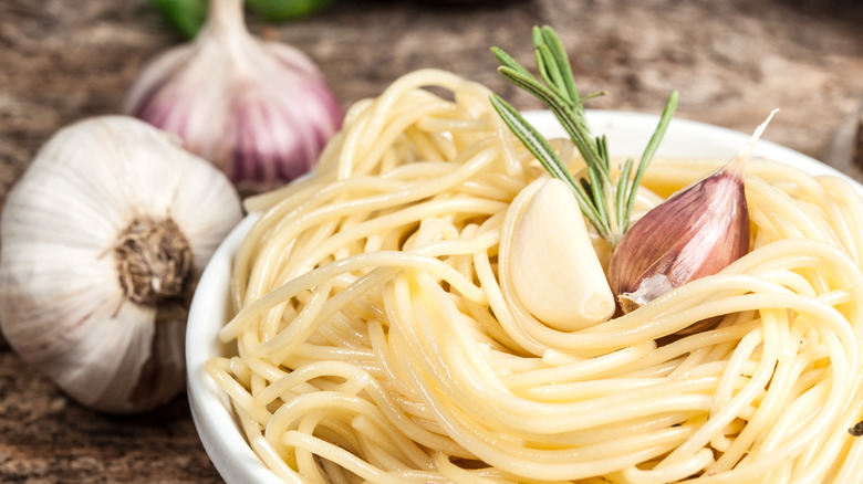 Garlic cloves with pasta dish
