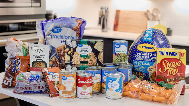 A kitchen table with Walmart Thanksgiving ingredients