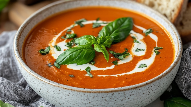 Homemade tomato soup rippled with cream and garnished with fresh herbs