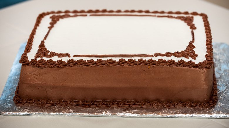 blank sheet cake with chocolate frosting